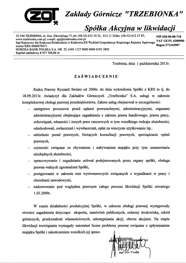 Referencja od firmy Zakłady Górnicze "Trzebionka" S.A.