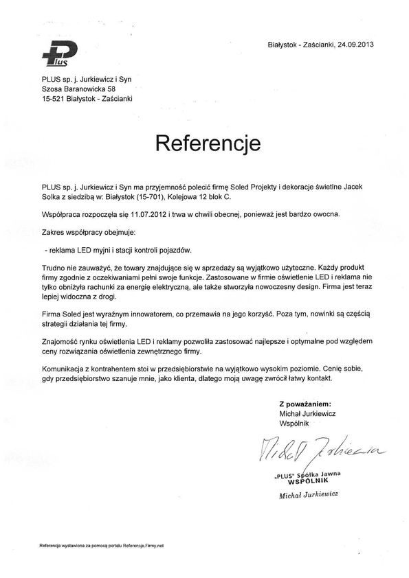 Referencja od firmy Plus sp.j. Jurkiewicz J., Gorustowicz S.