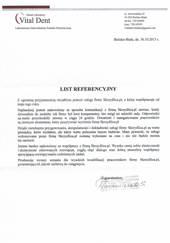 Referencja od firmy Vital Dent