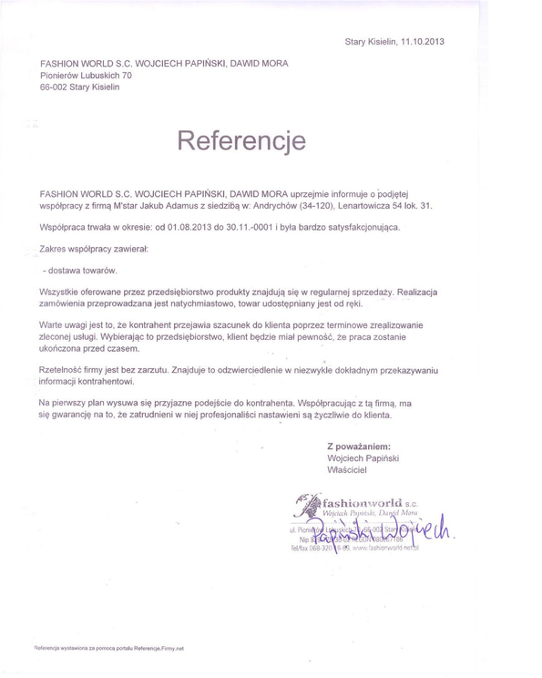 Referencja od firmy Fashion World S.C.