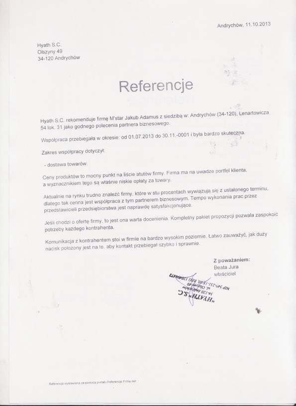 Referencja od firmy Hyath S.C.