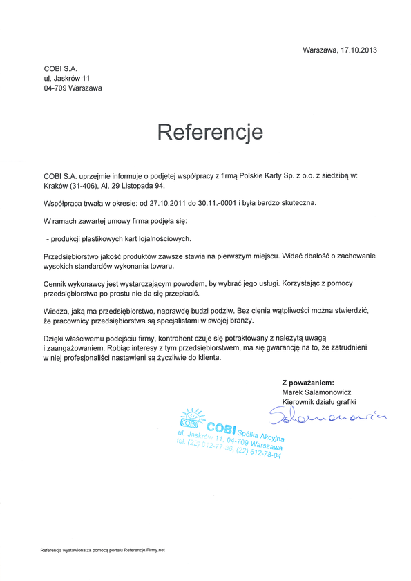 Referencja od firmy COBI S.A.