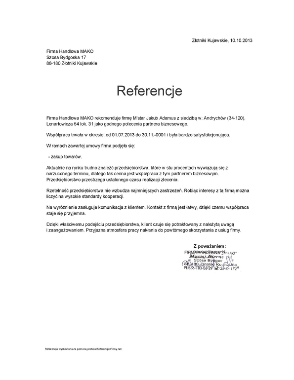 Referencja od firmy Firma Handlowa MAKO
