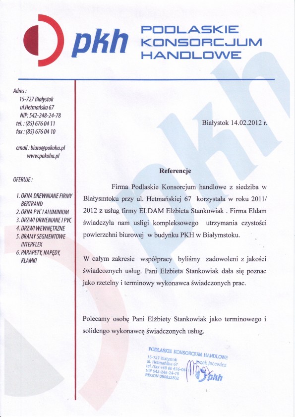 Referencja od firmy Podlaskie Kosorcjum Handlowe