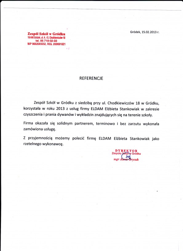 Referencja od firmy Zespół Szkół w Gródku