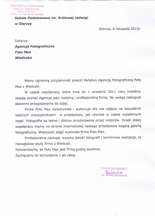 Referencja od firmy Szkoła Podstawowa im. Królowej Jadwigi w Sierczy