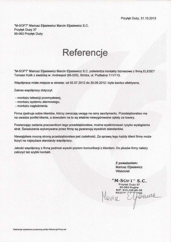 Referencja od firmy "M-SOFT"