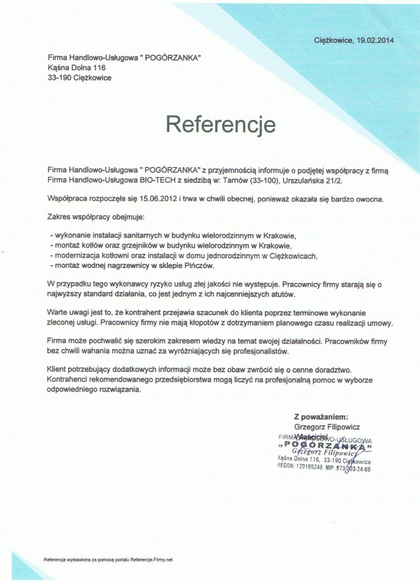 Referencja od firmy F.H.U. " POGÓRZANKA"