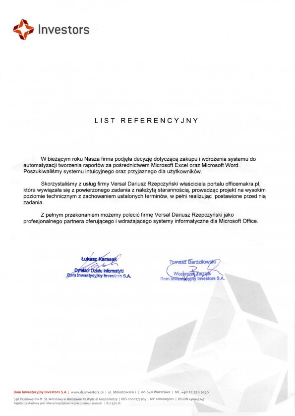 Referencja od firmy Dom Inwestycyjny Investors S.A.