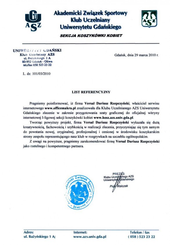 Referencja od firmy AZS AWF