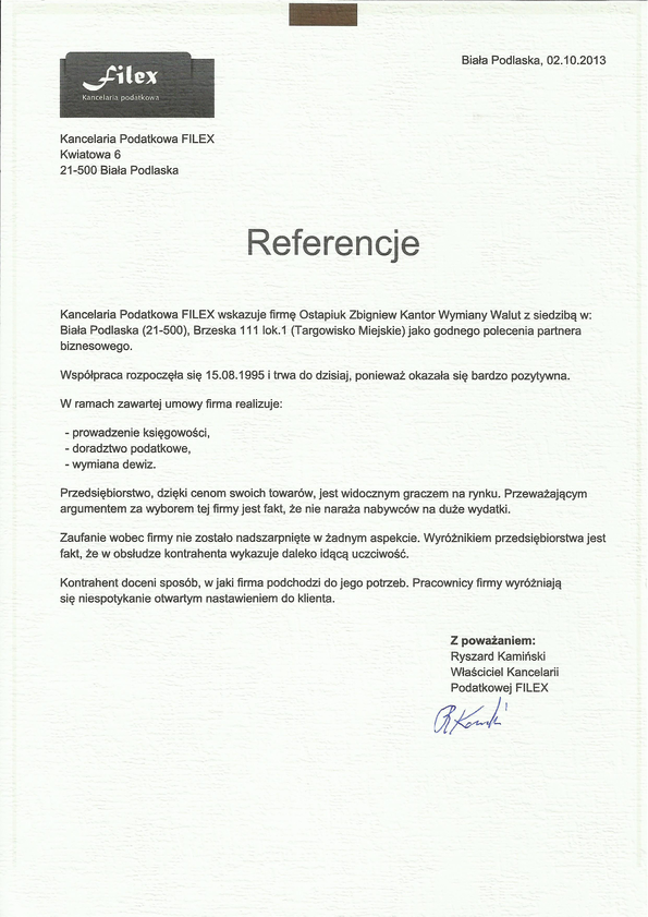 Referencja od firmy Kancelaria Podatkowa FILEX
