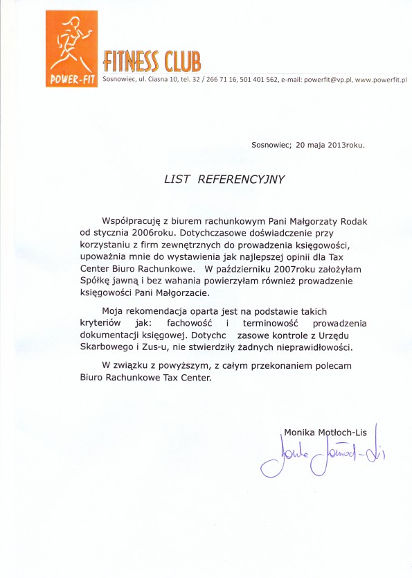 Referencja od firmy Power-Fit Spółka Jawna