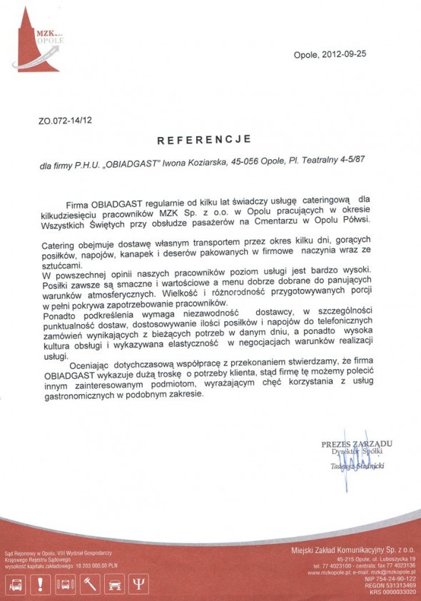 Referencja od firmy MZK Opole