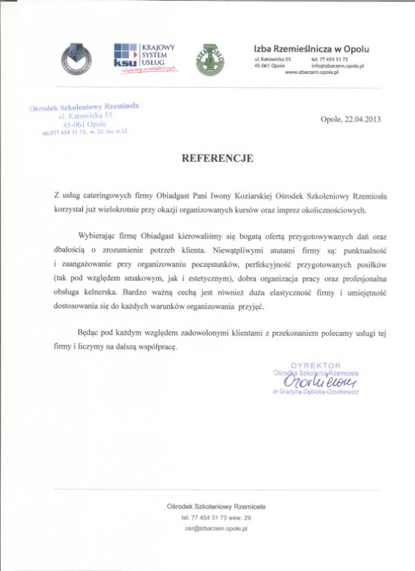 Referencja od firmy Izba Rzemieślnicza w Opolu