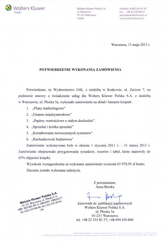 Referencja od firmy Wolters Kluwer Polska SA