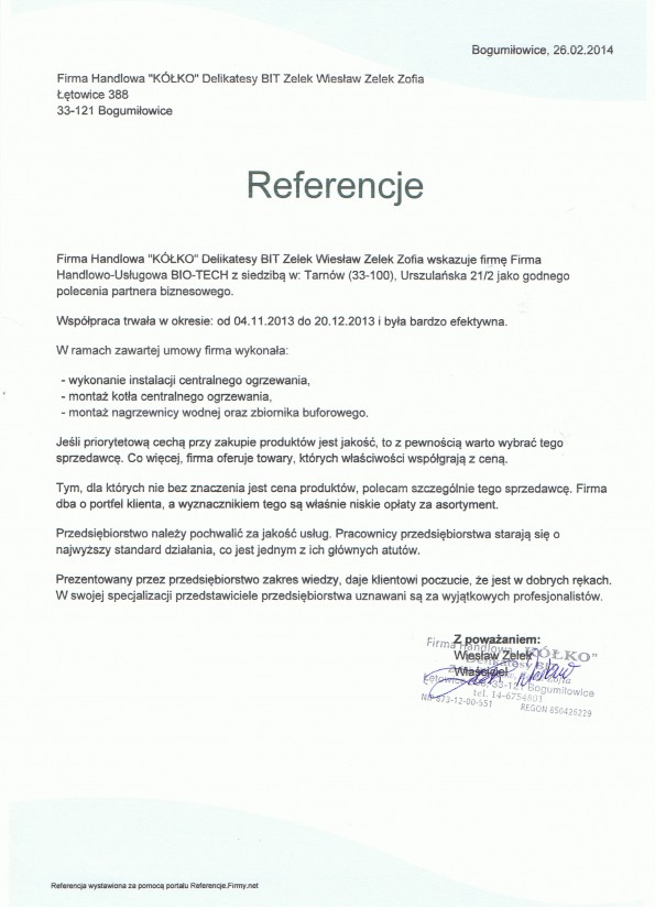 Referencja od firmy Firma Handlowa "KÓŁKO"Delikatesy BIT