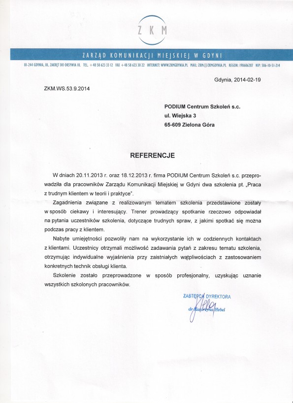 Referencja od firmy Zarząd Komunikacji Miejskiej w Gdyni