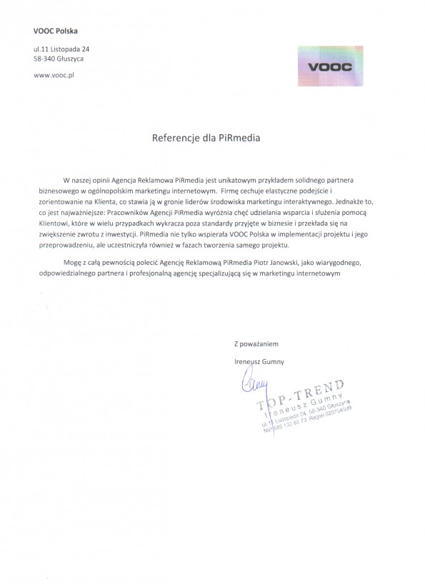 Referencja od firmy VOOC Polska