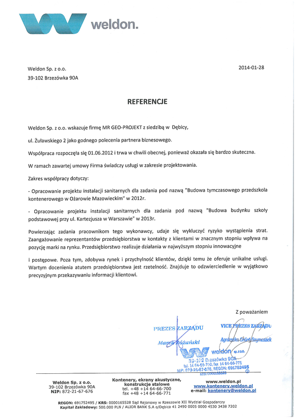 Referencja od firmy Welodon Sp. z o.o.