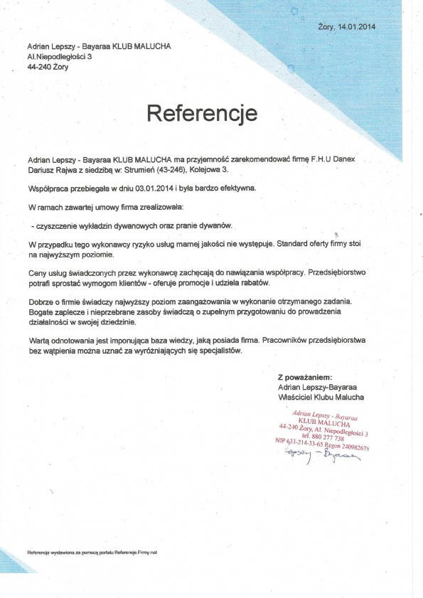 Referencja od firmy Adrian Lepszy-Bayaraa Klub Malucha