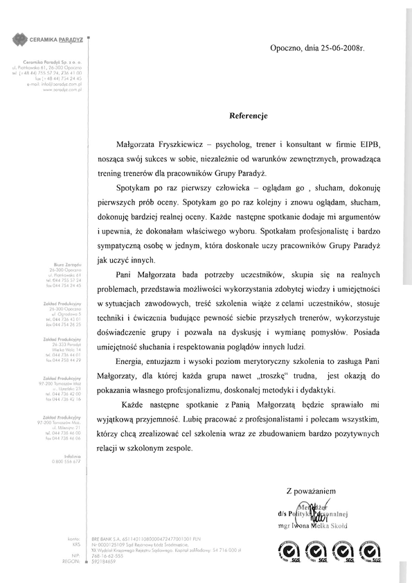 Referencja od firmy Ceramika Paradyż Sp.z o.o.