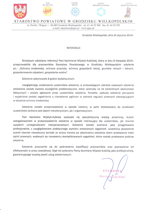Referencja od firmy Starostwo Powiatowe w Grodzisku Wielkopolskim