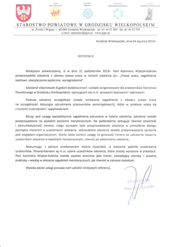 Referencja od firmy Starostwo Powiatowe w Grodzisku Wielkopolskim