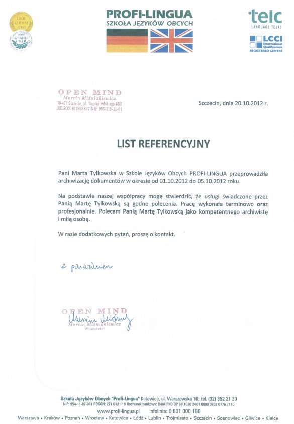 Referencja od firmy PROFI-LINGUA Szkoła Języków Obcych