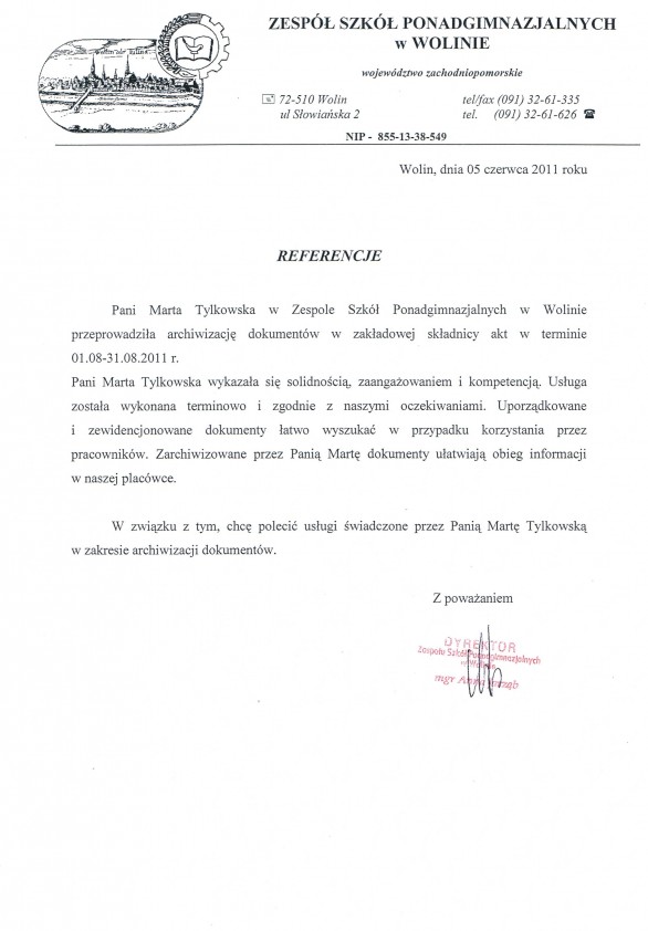 Referencja od firmy Zespół Szkół Ponadgimnazjalnych w Wolinie