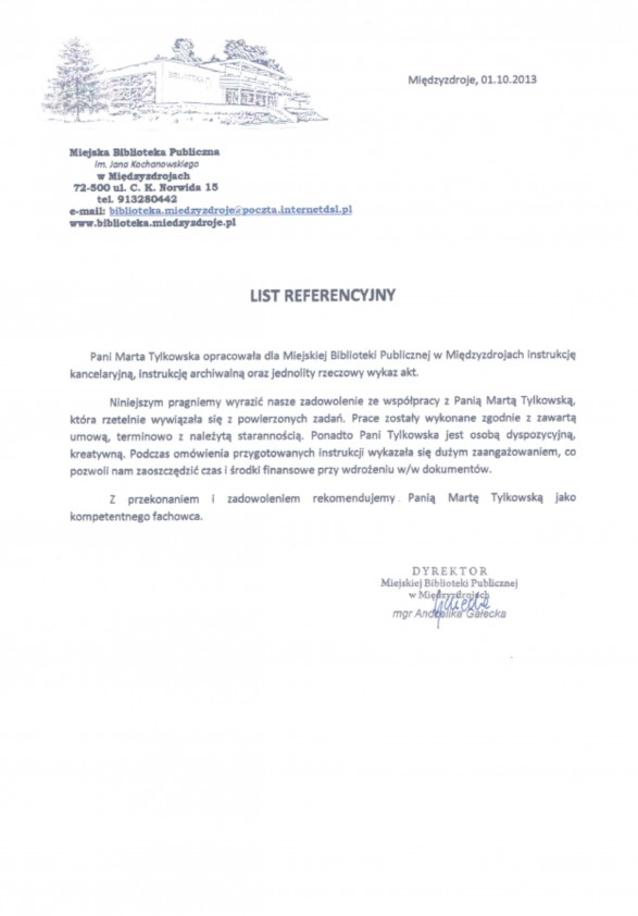 Referencja od firmy Miejska Biblioteka Publiczna w Międzyzdrojach