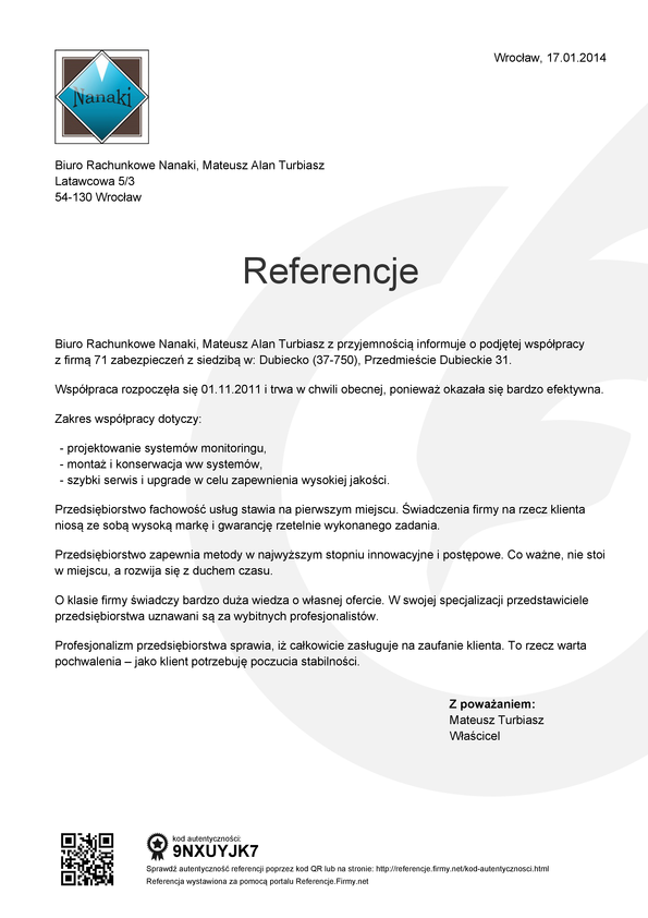 Referencja od firmy Biuro Rachunkowe NANAKI