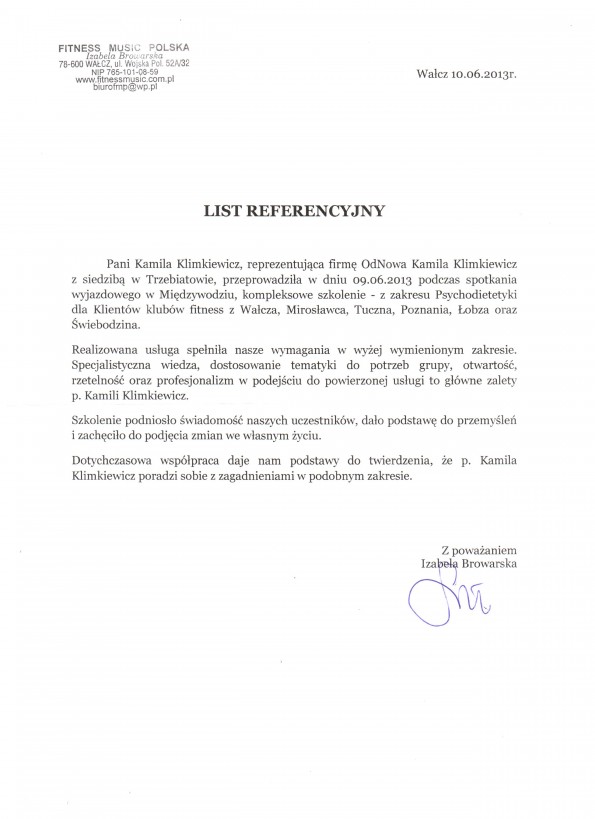 Referencja od firmy Fitness Music Polska