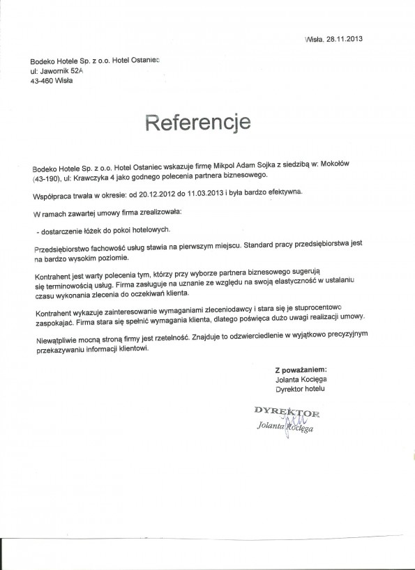 Referencja od firmy Bodeko Sp. z o.o.