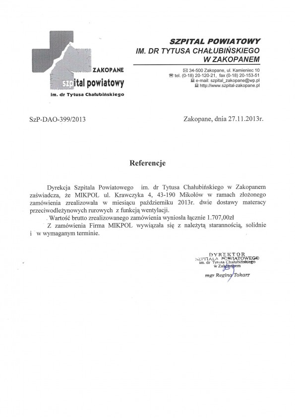 Referencja od firmy Szpital Zakopane