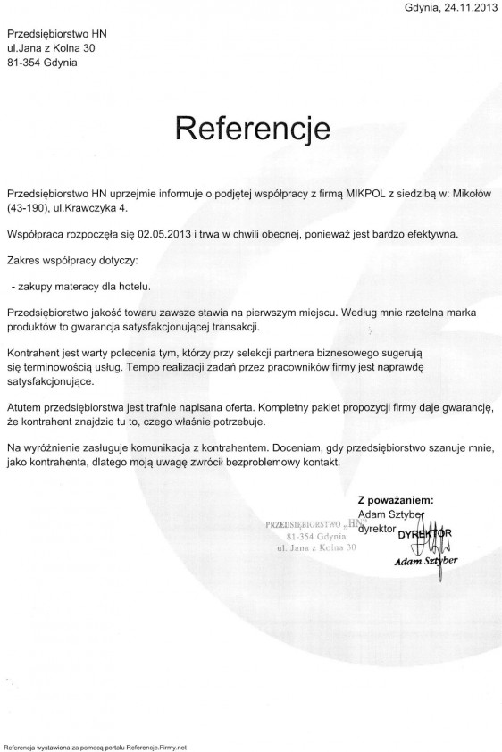 Referencja od firmy Przedsiębiorstwo HN