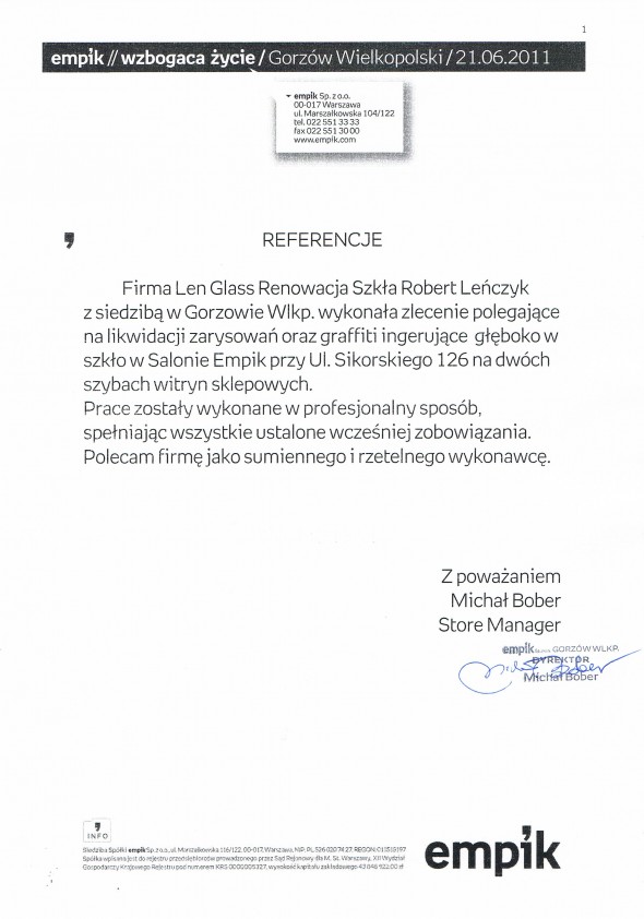 Referencja od firmy Empik Sp. z o.o.