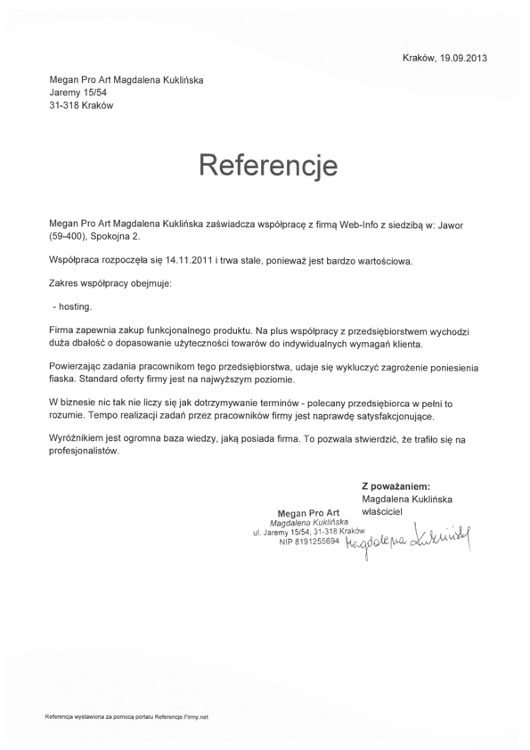 Referencja od firmy Megan Pro Art