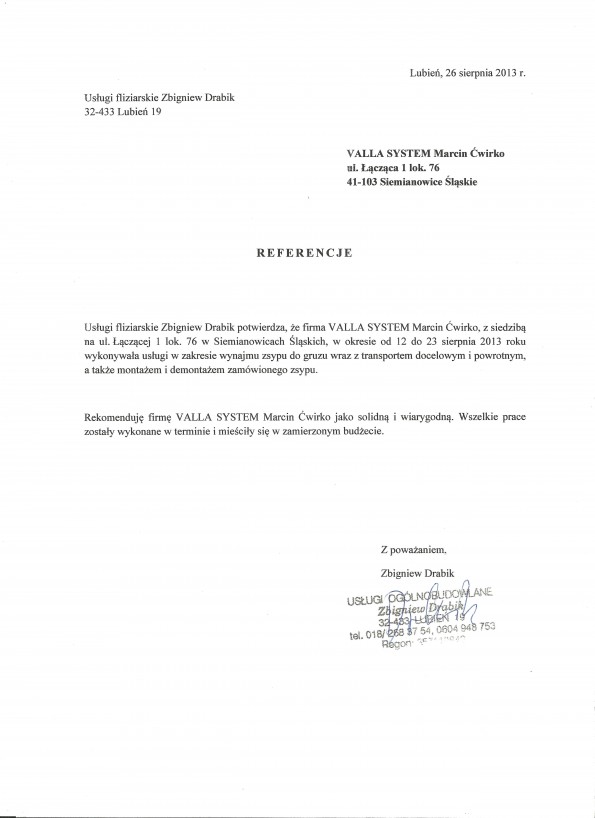 Referencja od firmy USŁUGI OGÓLNOBUDOWLANE Zbigniew Drabik