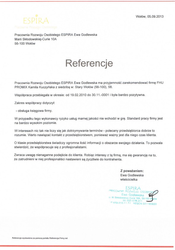 Referencja od firmy Pracownia Rozwoju Osobistego ESPIRA