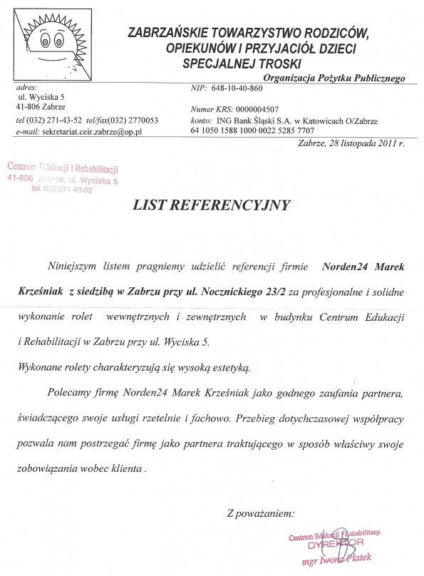 Referencja od firmy Zabrzańskie towarzystwo rodziców, opiekunów i przyjaciół dzieci specjalnej troski