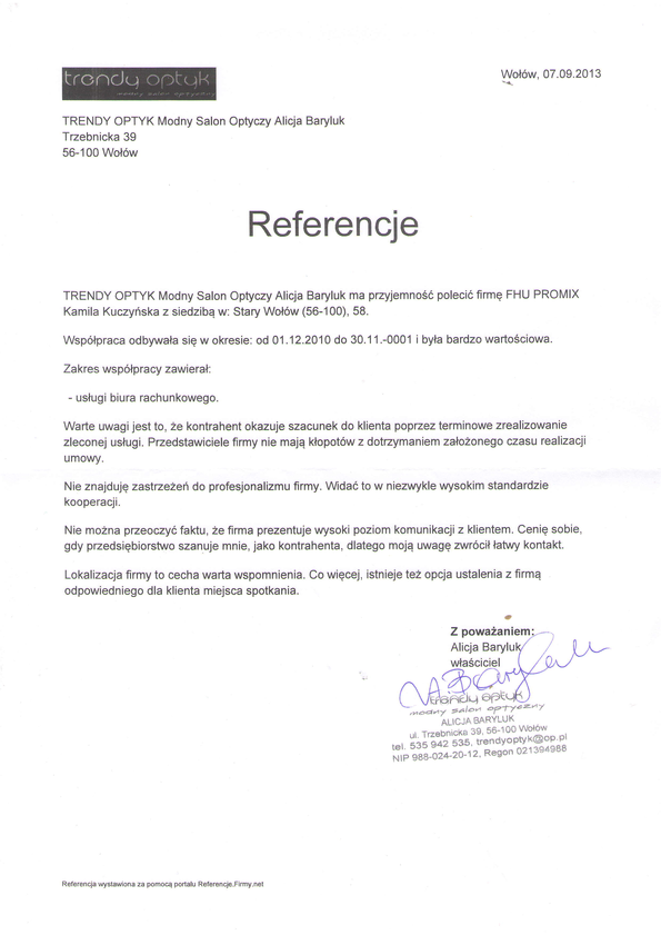 Referencja od firmy Modny salon optyczny TRENDY-OPTYK