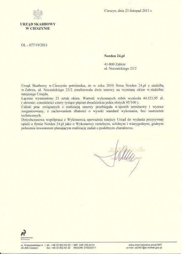 Referencja od firmy Urząd Skarbowy w Cieszynie