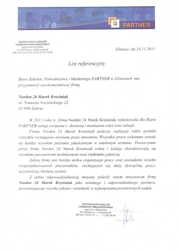 Referencja od firmy PARTNER