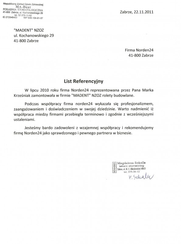Referencja od firmy "MADENT" NZOZ