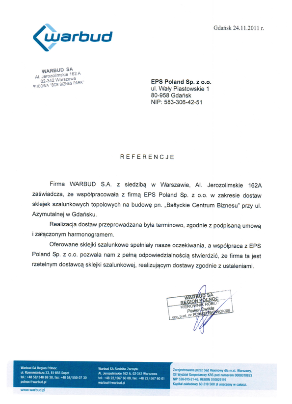 Referencja od firmy WARBUD SA