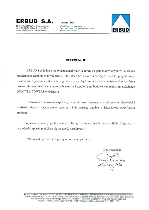 Referencja od firmy ERBUD S.A.