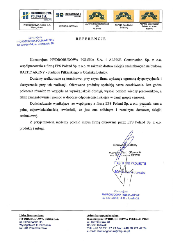 Referencja od firmy HYDROBUDOWA POLSKA SA