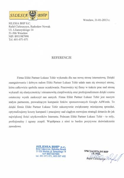 Referencja od firmy Silesia BHP s.c. Rafał Cieleszczyn, Iwona Cieleszczyn