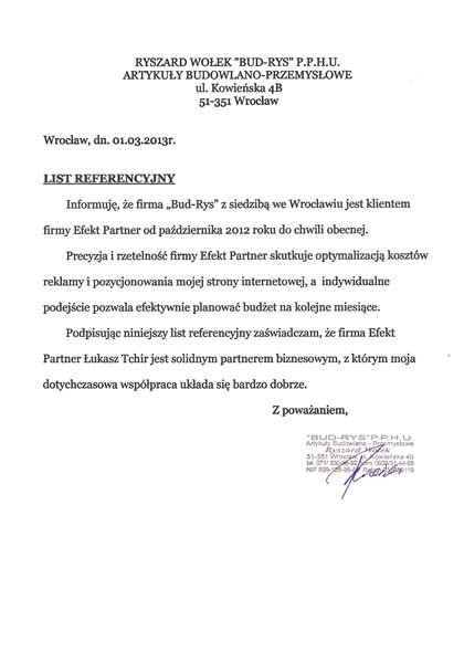 Referencja od firmy P.P.H.U. "Bud-Rys" Ryszard Wołek