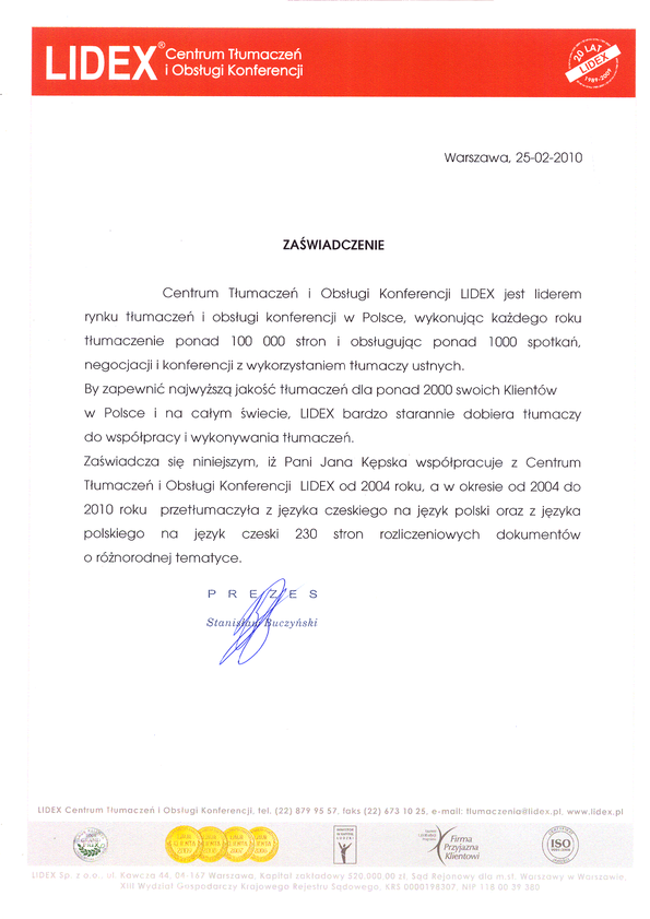 Referencja od firmy Lidex Sp. z o.o.